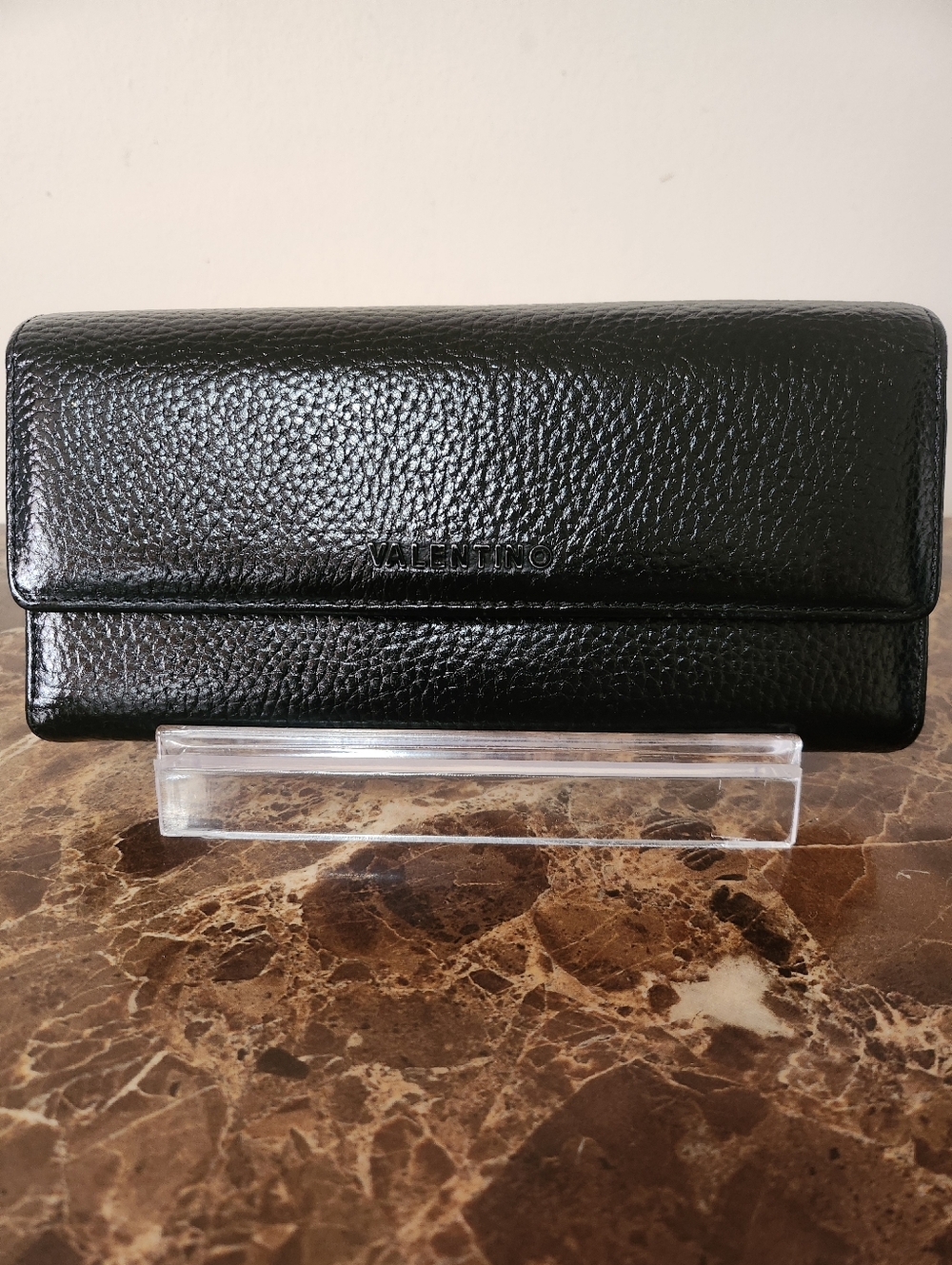 Mario Valentino Black Pebbled Leather Long Wallet EUC